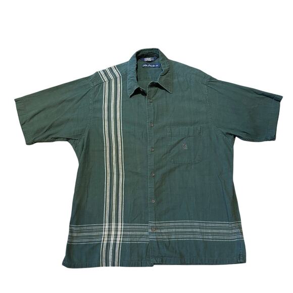 VTG Y2K Nautica Short Sleeve Cotton Button Front Shirt, Green, Sz. Lg, EUC - Picture 1 of 3
